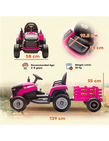 AIYAPLAY 12V Ride on Tractor and Trailer with Remote Control, Music, Shifter, Start-Up Sound, for Kids Ages 3-8 Years, Pink - pic 175157 | FastDaddyshop