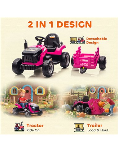AIYAPLAY 12V Ride on Tractor and Trailer with Remote Control, Music, Shifter, Start-Up Sound, for Kids Ages 3-8 Years, Pink