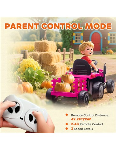 AIYAPLAY 12V Ride on Tractor and Trailer with Remote Control, Music, Shifter, Start-Up Sound, for Kids Ages 3-8 Years, Pink