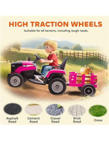AIYAPLAY 12V Ride on Tractor and Trailer with Remote Control, Music, Shifter, Start-Up Sound, for Kids Ages 3-8 Years, Pink