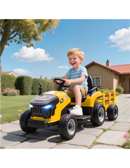 AIYAPLAY 12V Ride on Tractor and Trailer with Remote Control, Music, Shifter, Start-Up Sound, for Kids Ages 3-8 Years, Yellow - pic 175165 | FastDaddyshop
