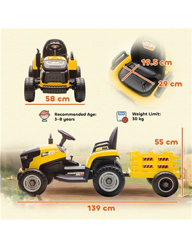 AIYAPLAY 12V Ride on Tractor and Trailer with Remote Control, Music, Shifter, Start-Up Sound, for Kids Ages 3-8 Years, Yellow