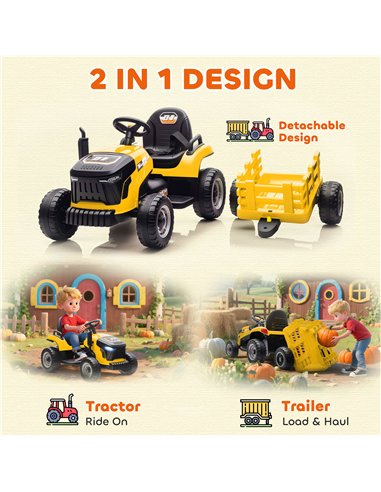 AIYAPLAY 12V Ride on Tractor and Trailer with Remote Control, Music, Shifter, Start-Up Sound, for Kids Ages 3-8 Years, Yellow