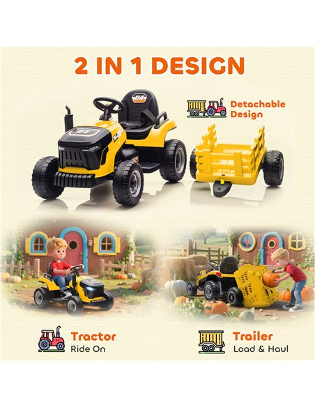AIYAPLAY 12V Ride on Tractor and Trailer with Remote Control, Music, Shifter, Start-Up Sound, for Kids Ages 3-8 Years, Yellow - pic 175168 | FastDaddyshop