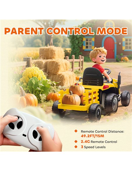AIYAPLAY 12V Ride on Tractor and Trailer with Remote Control, Music, Shifter, Start-Up Sound, for Kids Ages 3-8 Years, Yellow - pic 175169 | FastDaddyshop