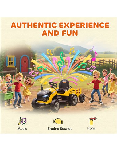 AIYAPLAY 12V Ride on Tractor and Trailer with Remote Control, Music, Shifter, Start-Up Sound, for Kids Ages 3-8 Years, Yellow