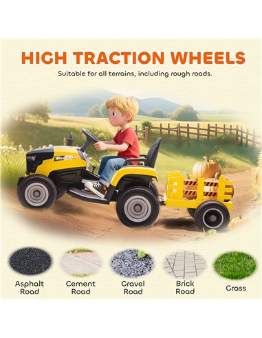 AIYAPLAY 12V Ride on Tractor and Trailer with Remote Control, Music, Shifter, Start-Up Sound, for Kids Ages 3-8 Years, Yellow