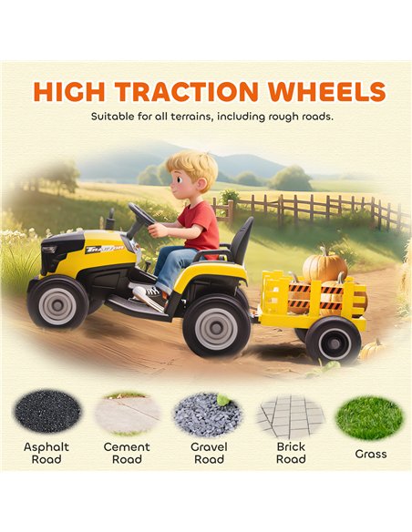 AIYAPLAY 12V Ride on Tractor and Trailer with Remote Control, Music, Shifter, Start-Up Sound, for Kids Ages 3-8 Years, Yellow - pic 175172 | FastDaddyshop