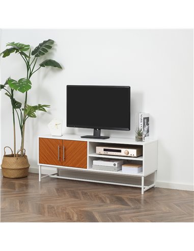 Homcom 1200mm Longline TV Stand with Wood-Effect Doors, White & Brown