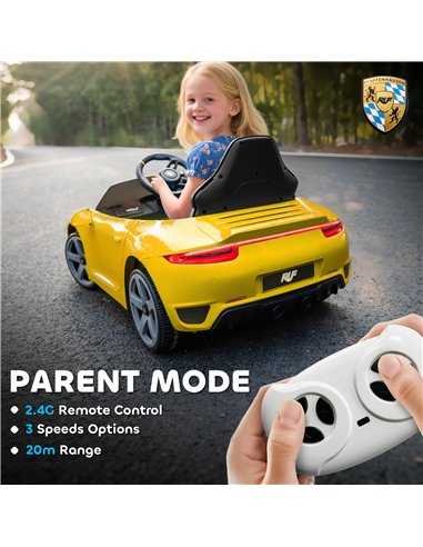 AIYAPLAY Kids Electric Car, 12V Licensed RUF GT Ride on Car with Suspension, Remote Control, Music for 3-5 Years Yellow