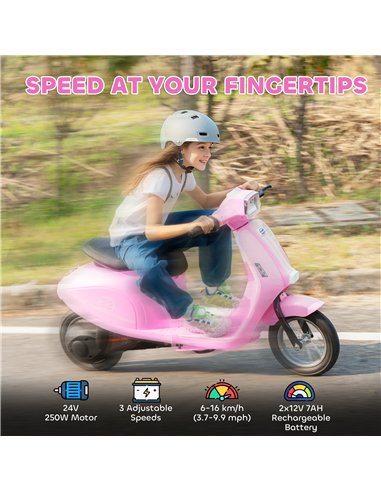 AIYAPLAY 24V Kids Electric Motorbike, Ride on Motorcycle with Manual Throttle, Brakes and LED Lights for Ages 8-12 Years, Pink
