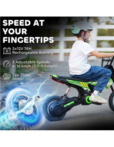 AIYAPLAY Kids Electric Motorbike, 24V Ride On Motorcycle with 3 Speeds and Rear Suspension, Dirt Bike for 8-12 Years Old, Green