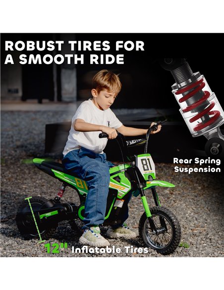 AIYAPLAY Kids Electric Motorbike, 24V Ride On Motorcycle with 3 Speeds and Rear Suspension, Dirt Bike for 8-12 Years Old, Green - pic 175304 | FastDaddyshop