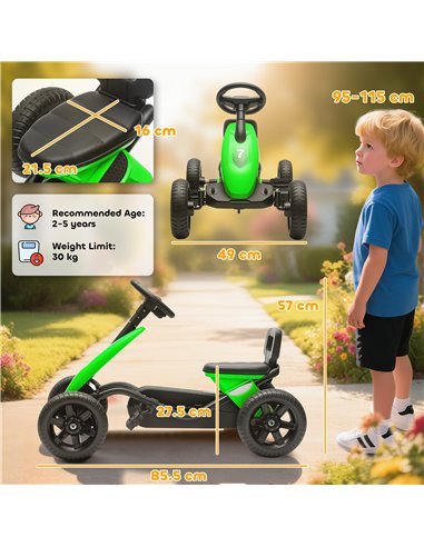 AIYAPLAY Pedal Go Kart for Kids 2-5 Years, with Silent EVA Wheels, Metal Frame, Green