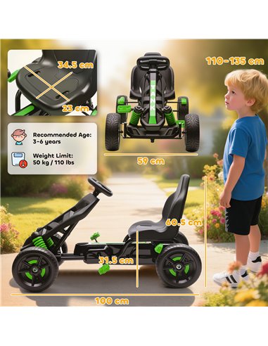 AIYAPLAY Pedal Go Kart for Kids Aged 3-6 Years, with Freewheel System, Brake, EVA Anti-Slip Wheels, Green