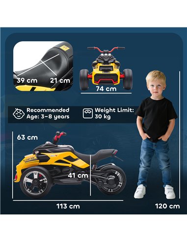 AIYAPLAY 12V Kids Electric Ride On Car with 3 Wheeler, MP3 Player, Horn, 2 Speeds, LED Lights for Boys & Girls Ages 3-8, Yellow
