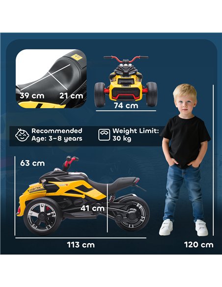 AIYAPLAY 12V Kids Electric Ride On Car with 3 Wheeler, MP3 Player, Horn, 2 Speeds, LED Lights for Boys & Girls Ages 3-8, Yellow - pic 175364 | FastDaddyshop