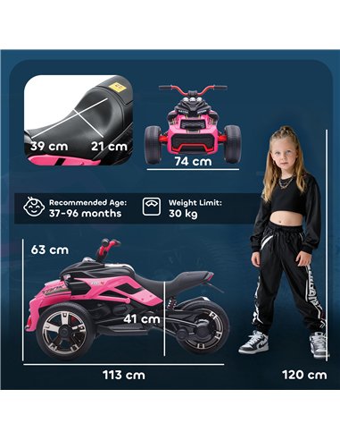 AIYAPLAY 12V Kids Electric Ride On Car with 3 Wheeler, MP3 Player, Horn, 2 Speeds, LED Lights for Boys & Girls Ages 3-8, Pink