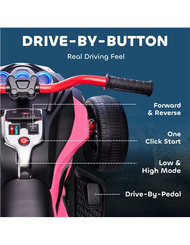 AIYAPLAY 12V Kids Electric Ride On Car with 3 Wheeler, MP3 Player, Horn, 2 Speeds, LED Lights for Boys & Girls Ages 3-8, Pink