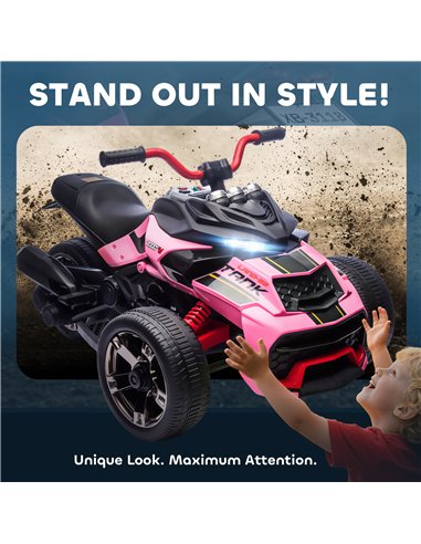 AIYAPLAY 12V Kids Electric Ride On Car with 3 Wheeler, MP3 Player, Horn, 2 Speeds, LED Lights for Boys & Girls Ages 3-8, Pink