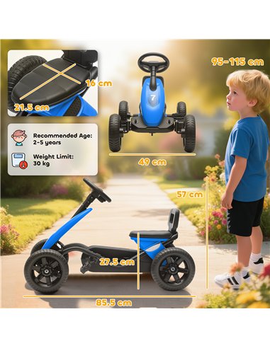 AIYAPLAY Pedal Go Kart for Kids 2-5 Years, with Silent EVA Wheels, Metal Frame, Blue