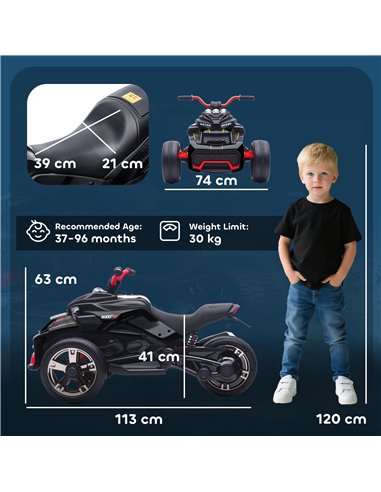 AIYAPLAY 12V Kids Electric Ride On Car with 3 Wheeler, MP3 Player, Horn, 2 Speeds, LED Lights for Boys & Girls Ages 3-8, Black