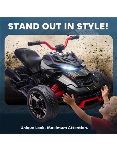 AIYAPLAY 12V Kids Electric Ride On Car with 3 Wheeler, MP3 Player, Horn, 2 Speeds, LED Lights for Boys & Girls Ages 3-8, Black