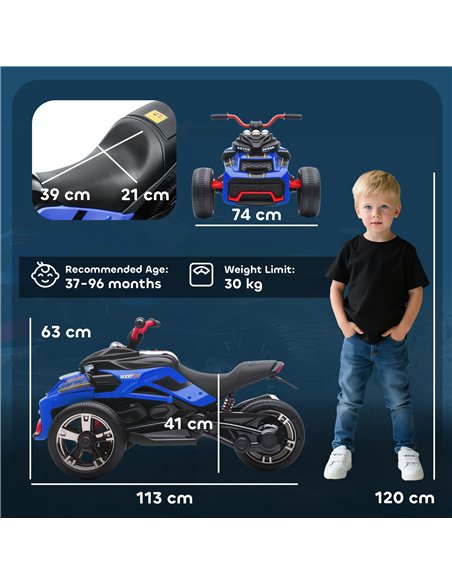 AIYAPLAY 12V Kids Electric Ride On Car with 3 Wheeler, MP3 Player, Horn, 2 Speeds, LED Lights for Boys & Girls Ages 3-8, Blue - pic 175472 | FastDaddyshop