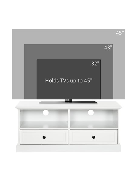 HOMCOM Modern TV Unit Cabinet for TVs up to 45 Inches, TV Stand with Drawers, Open Shelves, Cable Holes for Living Room, White - pic 17548 | FastDaddyshop