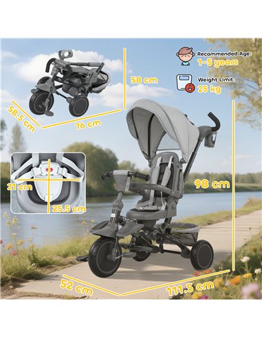 AIYAPLAY 6 in 1 Foldable Kids Trike with Adjustable Parent Handle & Canopy for Ages 1-5, Grey