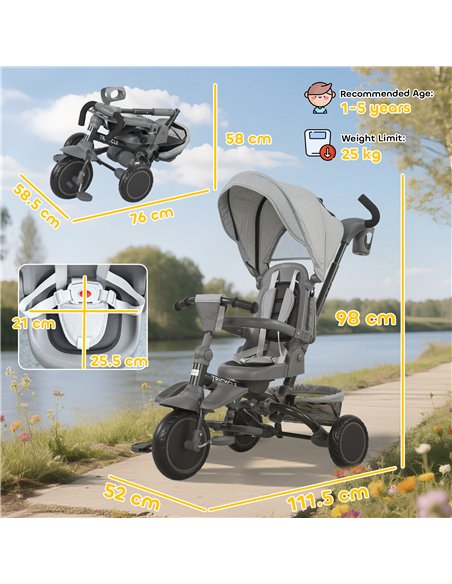 AIYAPLAY 6 in 1 Foldable Kids Trike with Adjustable Parent Handle & Canopy for Ages 1-5, Grey - pic 175499 | FastDaddyshop