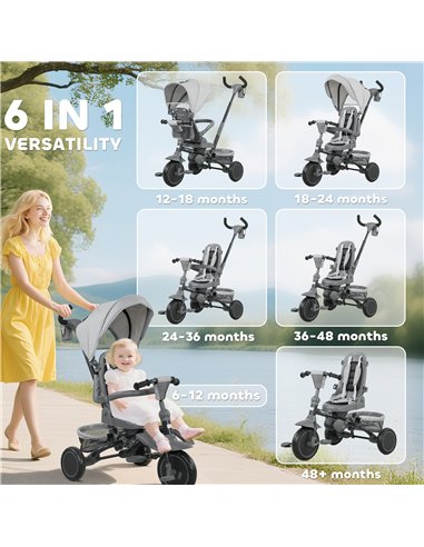 AIYAPLAY 6 in 1 Foldable Kids Trike with Adjustable Parent Handle & Canopy for Ages 1-5, Grey