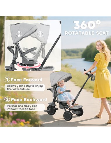 AIYAPLAY 6 in 1 Foldable Kids Trike with Adjustable Parent Handle & Canopy for Ages 1-5, Grey