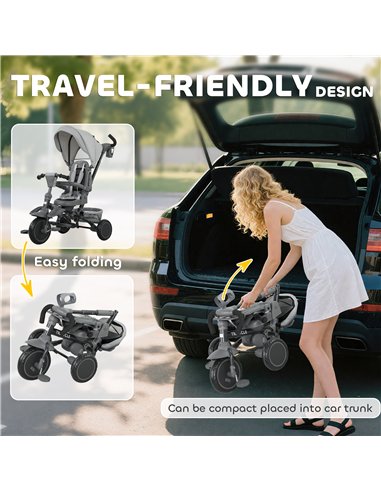 AIYAPLAY 6 in 1 Foldable Kids Trike with Adjustable Parent Handle & Canopy for Ages 1-5, Grey