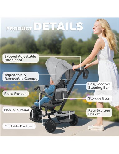 AIYAPLAY 6 in 1 Foldable Kids Trike with Adjustable Parent Handle & Canopy for Ages 1-5, Grey