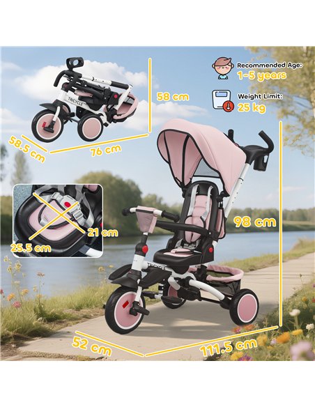 AIYAPLAY 6 in 1 Foldable Kids Trike with Adjustable Parent Handle & Canopy for Ages 1-5, Pink - pic 175508 | FastDaddyshop