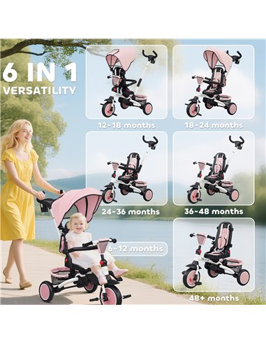 AIYAPLAY 6 in 1 Foldable Kids Trike with Adjustable Parent Handle & Canopy for Ages 1-5, Pink