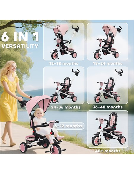 AIYAPLAY 6 in 1 Foldable Kids Trike with Adjustable Parent Handle & Canopy for Ages 1-5, Pink - pic 175509 | FastDaddyshop