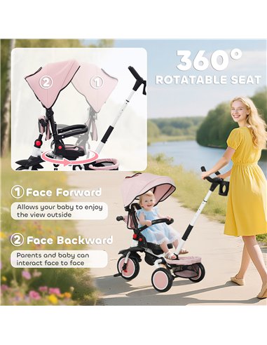 AIYAPLAY 6 in 1 Foldable Kids Trike with Adjustable Parent Handle & Canopy for Ages 1-5, Pink