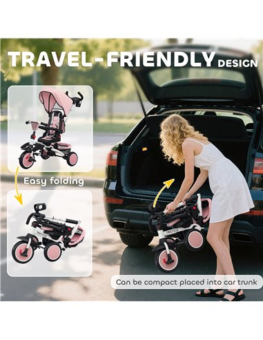 AIYAPLAY 6 in 1 Foldable Kids Trike with Adjustable Parent Handle & Canopy for Ages 1-5, Pink