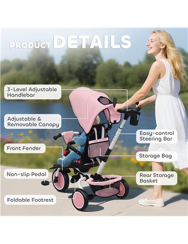 AIYAPLAY 6 in 1 Foldable Kids Trike with Adjustable Parent Handle & Canopy for Ages 1-5, Pink