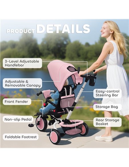 AIYAPLAY 6 in 1 Foldable Kids Trike with Adjustable Parent Handle & Canopy for Ages 1-5, Pink - pic 175514 | FastDaddyshop