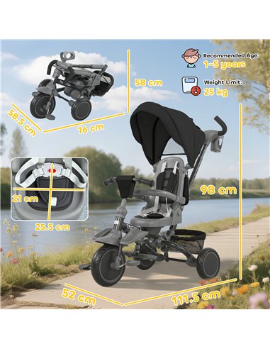 AIYAPLAY 6 in 1 Foldable Kids Trike with Adjustable Parent Handle & Canopy for Ages 1-5, Black