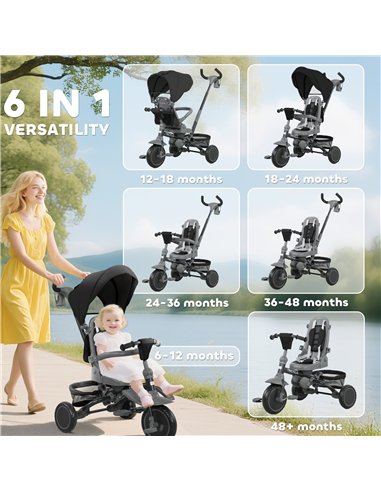 AIYAPLAY 6 in 1 Foldable Kids Trike with Adjustable Parent Handle & Canopy for Ages 1-5, Black