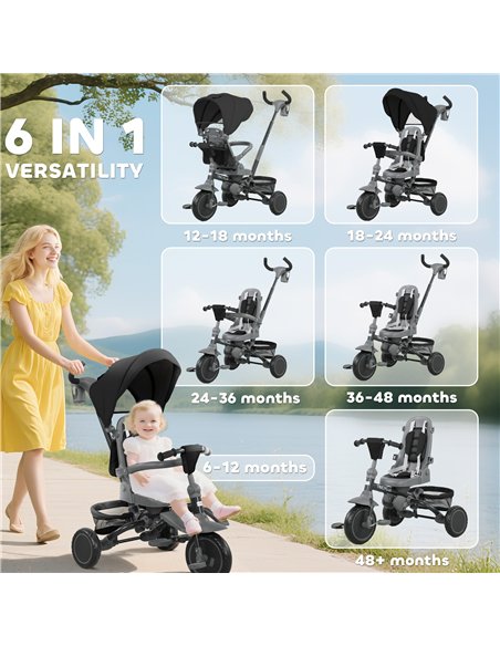 AIYAPLAY 6 in 1 Foldable Kids Trike with Adjustable Parent Handle & Canopy for Ages 1-5, Black - pic 175518 | FastDaddyshop