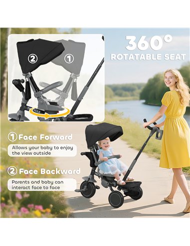 AIYAPLAY 6 in 1 Foldable Kids Trike with Adjustable Parent Handle & Canopy for Ages 1-5, Black