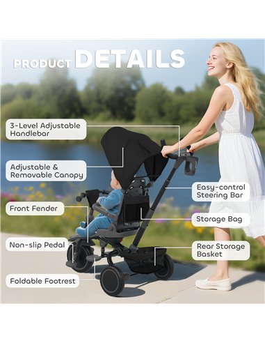 AIYAPLAY 6 in 1 Foldable Kids Trike with Adjustable Parent Handle & Canopy for Ages 1-5, Black