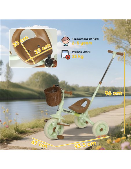 AIYAPLAY 2-In-1 Toddler Trike for 2-5 Years Old, 3 Wheel Bike with Adjustable Parent Handle, Basket for Boys and Girls, Green - pic 175526 | FastDaddyshop