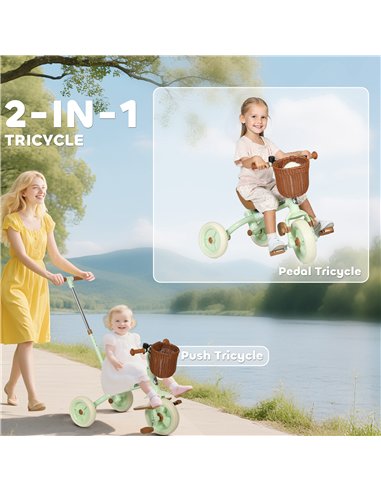 AIYAPLAY 2-In-1 Toddler Trike for 2-5 Years Old, 3 Wheel Bike with Adjustable Parent Handle, Basket for Boys and Girls, Green