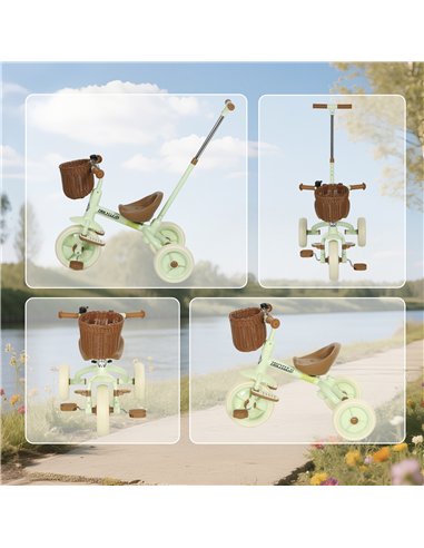 AIYAPLAY 2-In-1 Toddler Trike for 2-5 Years Old, 3 Wheel Bike with Adjustable Parent Handle, Basket for Boys and Girls, Green